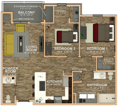 1.5 Bath 2 Bed Floor Plan at 41 North Apartments, Fort Wayne, IN